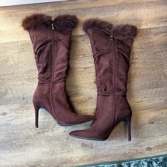 Fashion Nova Brown Faux Fur Pom Pom Heeled Boots - Picture 2 of 12